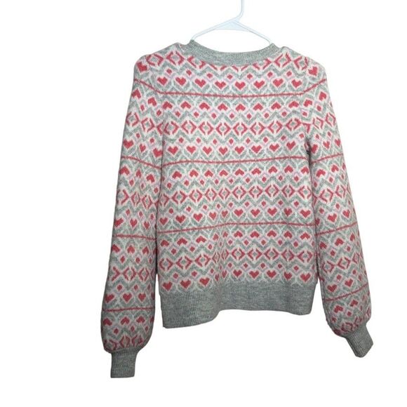Loft Sweater Women's XS Gray Pink Hear Balloon Sleeve Pullover Crew Neck - Picture 6 of 11